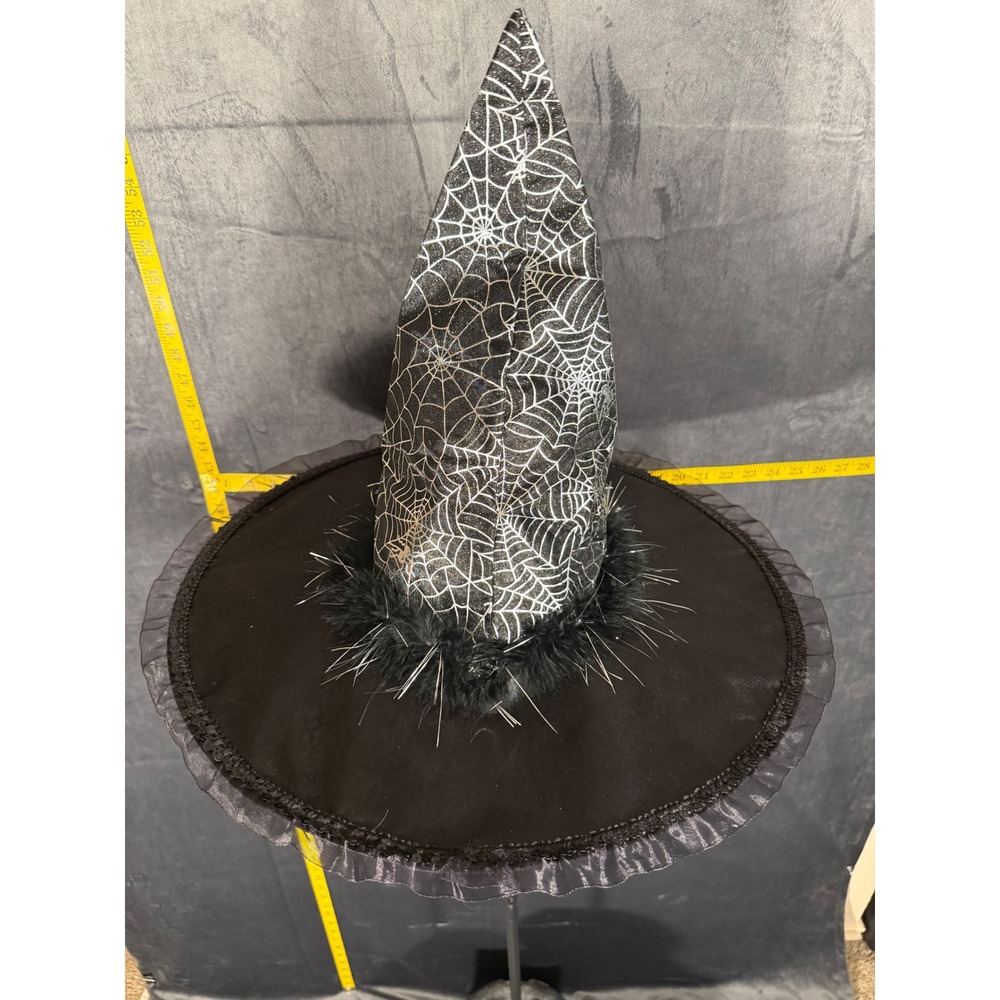 Happy Halloween Spider Witch Hat Womens OS Black Silver Web Tinsel Ruffle Brim